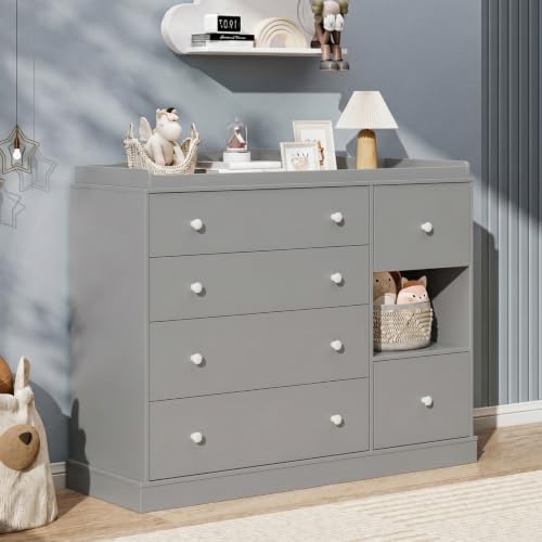 Kids Dresser Cabinet with 6 Drawers, Changing Table for Nursery with Shelf, Multi-Functional Chest of Drawers, Kids Bedroom Furniture, Nightstand for Children's Room, Grey - color: Grey