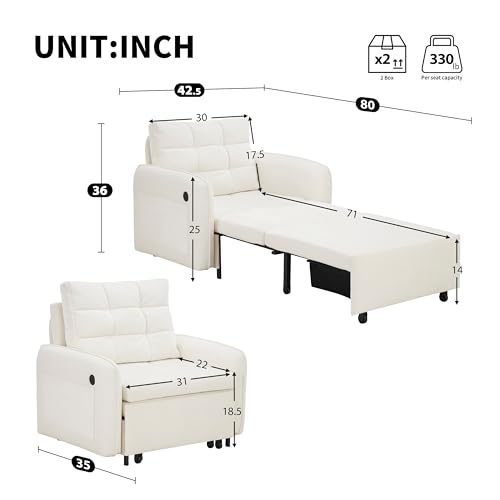 3-in-1 Convertible Sleeper Chair Bed, Multi-Functional Chenille Single Sofa Bed with Storage Pockets and Box, 80" Extra Long Pull Out Sleeping Lounge Chair for Living Room & Apartment (Beige,35) - color: Beige,35