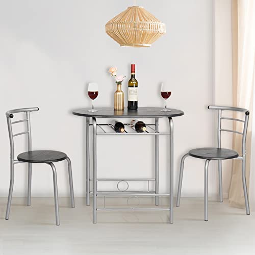 VINGLI 3 Piece Dining Set,Small Kitchen Table Set for 2,Breakfast Table Set,Kitchen Wooden Table and 2 Chairs for Small Space/Dining Room/Apartment,Metal Frame,Wine Rack,Sliver&Black - color: Sliver&black