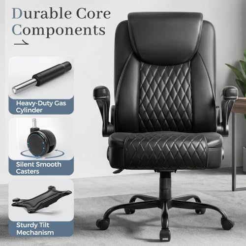 GTPOFFICE Executive Office Chair with Comfortable Lumbar Support, Ergonomic Gaming Chair with Flip-up Armrests & Zoned Pressure-Relief Cushion, Comfy PU Leather Desk Chair, Light Black - color: Light-black