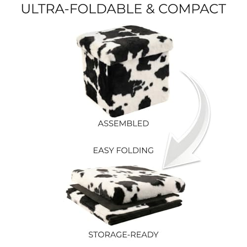 Luxe Faux Fur Storage Ottoman, Cowhide Black/White, 12 x 12 x 12 in | Engineered Wood, Tool-Free Assembly, Modern Style, Seat And Footrest - color: Cowhide Black/White, size: 12"D x 12"W x 12"H