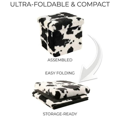 Luxe Faux Fur Storage Ottoman, Cowhide Black/White, 12 x 12 x 12 in | Engineered Wood, Tool-Free Assembly, Modern Style, Seat And Footrest - color: Cowhide Black/White, size: 12"D x 12"W x 12"H