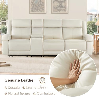 Watson & Whitely Wall Hugger Power Reclining Sofa with Console, Cream | Genuine Leather Recliner Sofa, Power Headrests, Center Storage Console, Cup Holders, 3-Seater Couch, Living Room & RV - color: Cream, style: 3 Seater Sofa (with console)