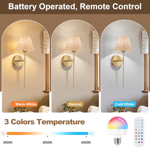 Battery Operated Wall Sconces Set of 2, Rattan Shade Wireless Wall Sconces, RGB Rechargeable Dimmable, Gold Boho Wall Sconce for Bedroom, Living Room, Hallway Bulbs Included - color: Gold 19.6in