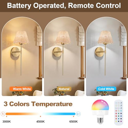 Battery Operated Wall Sconces Set of 2, Rattan Shade Wireless Wall Sconces, RGB Rechargeable Dimmable, Gold Boho Wall Sconce for Bedroom, Living Room, Hallway Bulbs Included - color: Gold 19.6in