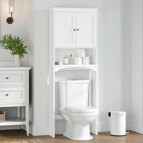 Spirich Over The Toilet Storage Cabinet with Doors, Bathroom Organizer | White, Adjustable Shelf, Anti-Tip Fitting, FSC-Certified MDF, Beadboard Design, 33.3" Toilet Clearance, Adjustable Crossbar - color: White