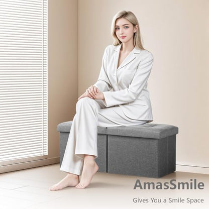AmasSmile Footrest Ottoman Storage Bench,34" Linen Folding Chest,Gray | Large Ottoman with Storage,Thicker Foam Padded Seat,Livingroom,Dorm,Bedroom,Entryway,Easy to install,34 x 13 x 13in - color: Grey-linen