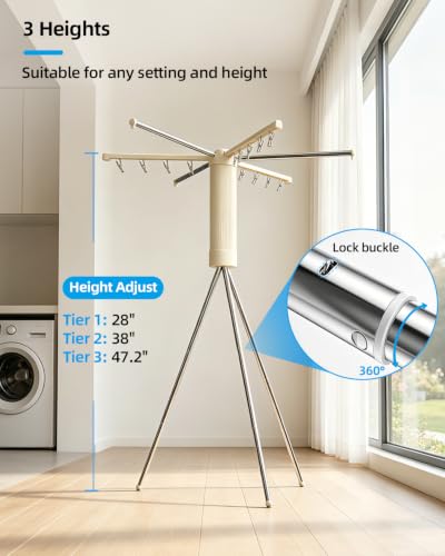Foldable Tripod Clothes Drying Rack for Balcony, Hotel, Apartment, Bedroom | Portable Drying Rack Clothing Laundry Drying Rack for Travel, Camping with 3 Tent Pegs. Steel Frame with 12 Clips, Windproof