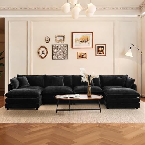 137" Chenille U Shaped Modular Sofa with Ottoman,Black | Randomly Assemble Modular Sofa Sets, Modern Recliner Deep Seat Sofa Set for Living Room,Office - color: Black, size: 4S+2O