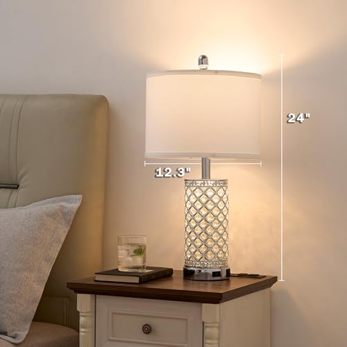 SAIWEYA 24in Crystal Table Lamp Set of 2 Bedroom Lamps for Night Stand | 3-Way Dimmable Touch with Night Ligh, 2 USB Ports + AC Outlet, White Fabric Shade, LED Bulb Included - color: Silver-2 Pack 24In