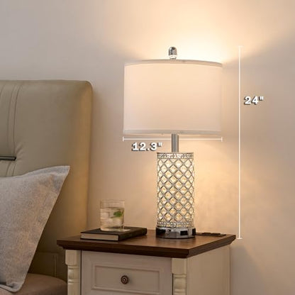 SAIWEYA 24in Crystal Table Lamp Set of 2 Bedroom Lamps for Night Stand | 3-Way Dimmable Touch with Night Ligh, 2 USB Ports + AC Outlet, White Fabric Shade, LED Bulb Included - color: Silver-2 Pack 24In