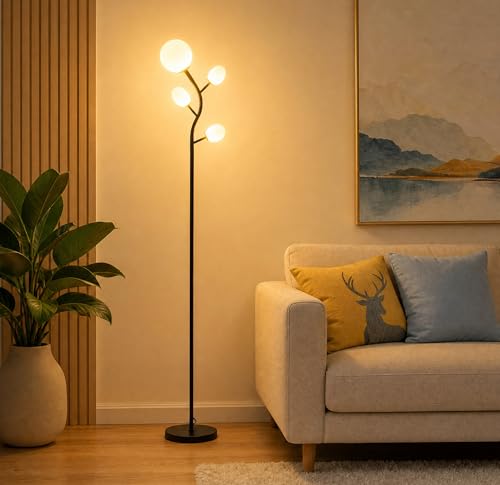 Fiqevs 4 Globe Floor Lamp for Living Room, Mid Modern Standing Tree Lamp | 3000K Warm White Light, 4 LED Bulbs Included, Sphere Ball Frosted Glass Shade Tall Lamp for Bedroom/Office, Matt Black - color: 4 Globe Tree- Black