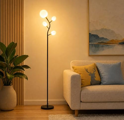 Fiqevs 4 Globe Floor Lamp for Living Room, Mid Modern Standing Tree Lamp | 3000K Warm White Light, 4 LED Bulbs Included, Sphere Ball Frosted Glass Shade Tall Lamp for Bedroom/Office, Matt Black - color: 4 Globe Tree- Black