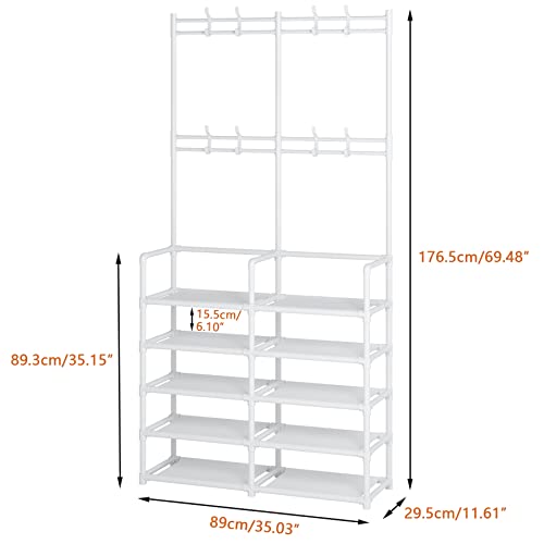 Laiensia 5-Tier Entryway Coat Rack, Coat and Shoe Rack, Entryway Bench Storage Organizer with 8 Hooks for Bedroom, Hallway, Office, White - color: White