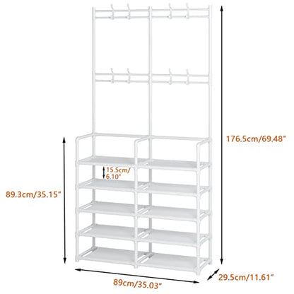 Laiensia 5-Tier Entryway Coat Rack, Coat and Shoe Rack, Entryway Bench Storage Organizer with 8 Hooks for Bedroom, Hallway, Office, White - color: White