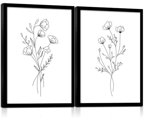 Framed Set of Two Canvas Wall Art Simple Botanical Line Print Black and White Floral Poster Modern Gallery Print for Living Room or Bedroom Wall Decor 12x16 Inch - color: 2-line flowers, size: 12x16in