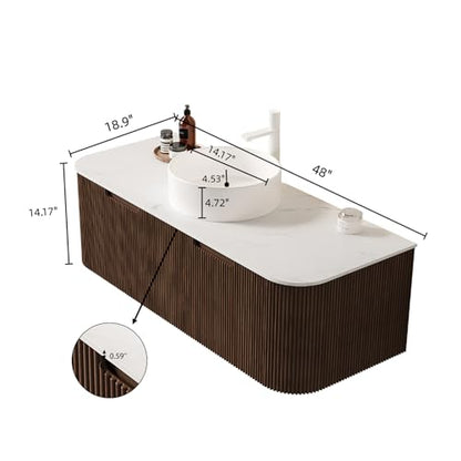 48” Floating Bathroom Vanity with Sink, Fluted Wall-Mounted Solid Wood Cabinet, White Ceramic Round Basin, Faux Marble Top, Soft-Close Drawer, Pre-Assembled, Walnut Woodgrain - color: 04 - Walnut Woodgrain, size: 48"