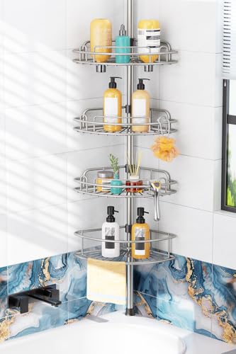 HAMITOR Shower Caddy Tension Pole: 4-Tier Rustproof Bathroom Corner Shelf | Organizer for Renter - No Drill Large Shampoo Storage Rack - Adjustable 47-121", Space Saving Bathtub Accessory - Silver Gray - color: Silver Gray