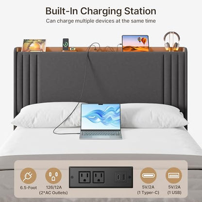 Gizoon Queen Bed Frame with Charging Station and LED Lights | Upholstered Wingback Platform Bed with Padded Headboard,Wooden Slats,Noise-Free,No Box Spring Needed, Easy Assembly,Dark Grey - color: Dark Grey+led, size: Queen
