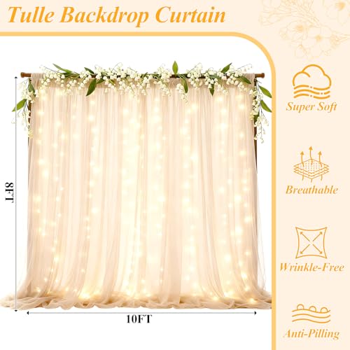 Ledido 10×8ft Beige Tulle Backdrop Curtains with Lights(8 Panels 5×8ft) - color: Beige, size: 40×8ft(8 Panels 5×8ft)