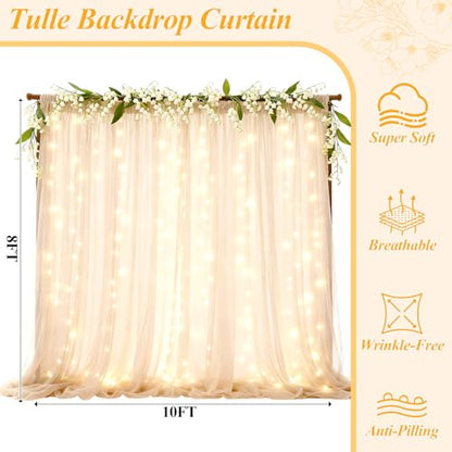 Ledido 10×8ft Beige Tulle Backdrop Curtains with Lights(8 Panels 5×8ft) - color: Beige, size: 40×8ft(8 Panels 5×8ft)