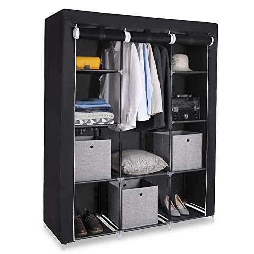 67" Portable Closet Storage Organizer Wardrobe, Freestanding Clothes Rack with Non-Woven Fabric Cover, 10 Shelves & Hanging Rod, Easy Assembly, Dustproof & Waterproof (Black)