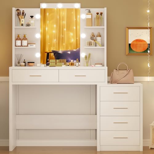 Quimoo 43.3" W Vanity Desk with Mirror and 9 LED Lights, Makeup Vanity with 6 Drawers, 6 Open Shelves, White Vanity for Women Girls, 43.3" W x 13.8" D x 54.3" - color: White 6 Drawers