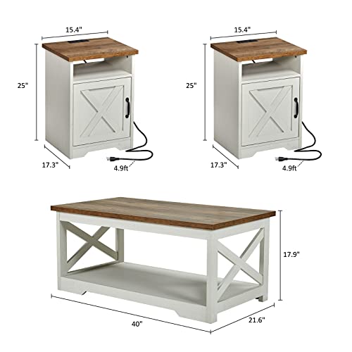 AMERLIFE 3 Piece Farmhouse Living Room Coffee Table Set, Distressed White | Coffee Table & 2 End Tables with Charging Station and USB Ports, Farmhouse Style, Barn Door Design, Living Room Furniture - color: Distressed White