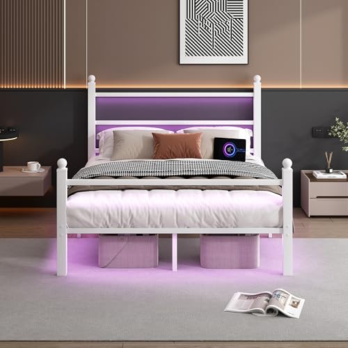 CLIBFENG Queen Size Bed Frame with Headboard and Footboard,Steel Slats Support-LED Bed Frame with USB Charging Station,Mattress Foundation-Under Bed Storage,No Box Spring Needed,Noise Free,White - size: Queen, style: White