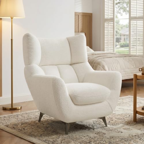 34.6" Oversized Accent Chairs with WingBack, Set of 2, Teddy White | High Back, Wide Armrests, Metal Legs, Cozy Deep Seat Armchair , Reading Chair for Living Room, Bedroom, Apartment, Office - color: White, size: Set of 2