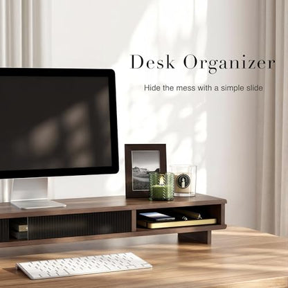 Dual Monitor Stand Riser with Storage Drawer for Desk Organization | Fits Dual 32" Monitors, Walnut Finish, Hidden Storage, Ergonomic Height, Holds 110lbs, No Flex, Quick Setup