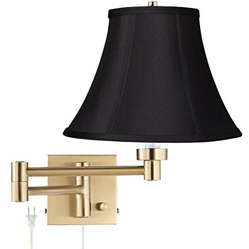 Black Bell Alta Square Warm Gold Swing Arm Wall Lamp Light Fixture | Antique Brass Plug-In Stretch Fabric Shade for Bedroom Bedside House Reading Living Room Home Hallway