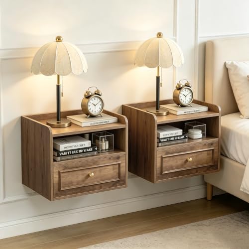 Floating Nightstand with Charging Station Set of 2, Modern Wall Mounted Bedside Tables with Drawer & Open Shelf, Modern Hanging Table with USB & Type C Ports for Bedroom, Small Spaces (Brown) - color: Brown