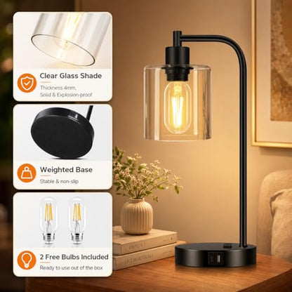 Set of 2 Industrial Touch Control Table Lamps with USB C+A Ports and AC Outlet - 3-Way Dimmable Black Bedside Lamps Nightstand Desk Lamps for Bedroom Living Room, Glass Shade & 2 LED Bulbs Included - color: Black(2 pack) - Clear Glass-Touch Control