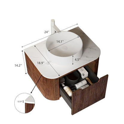 24” Floating Bathroom Vanity with Sink, Fluted Wall-Mounted Solid Wood Cabinet, White Ceramic Round Basin, Faux Marble Top, Soft-Close Drawer, Pre-Assembled, Walnut Woodgrain - color: 04 - Walnut Woodgrain, size: 24"