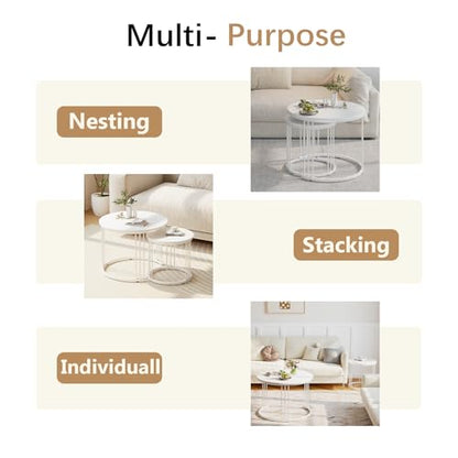 Nesting Coffee Table, 23.6" Round Coffee Table Set of 2, Wooden Nesting Table with Metal Frame, Ceter Tables for Living Room Bedroom Balcony, White - color: White