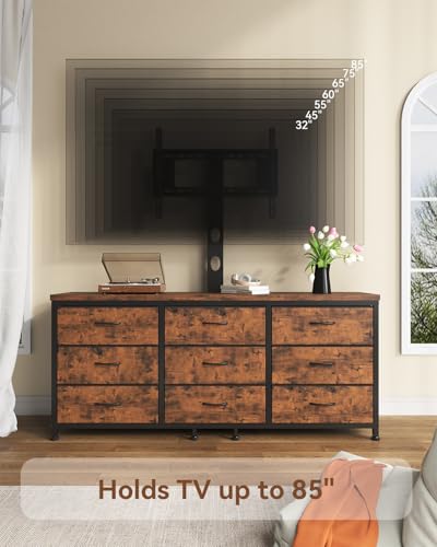 TV Stand with Mount for 32/55/65/75/85 inch TVs, Entertainment Center with 9 Fabric Drawers Dresser Storage, Height Adjustable Media Console - color: Rustic Brown