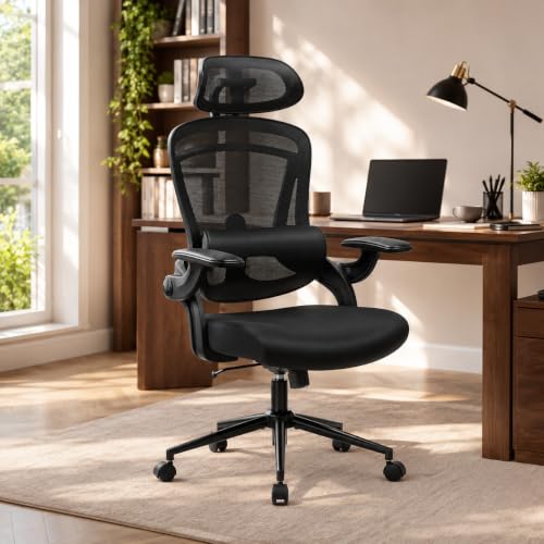 Ergonomic Office Chair, Home Office Desk Chairs with Adjustable Lumbar Support and Headrest, High Back Mesh Computer Desk Chair with 3D Flip-up Armrests & 360° Swivel Wheels, 275 LBS - color: Black With Lumbar Support