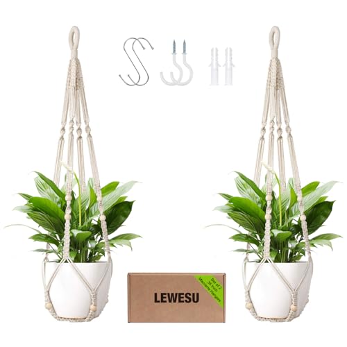 LEWESU Macrame Plant Hanger Indoor Set of 2 with 4 Hooks, Indoor Outdoor Hanging Planter for Plants Holder with Decorative Wood Beads & No Tassels, Boho Home Decor, 35 Inch Ivory (Pots Not Included) - color: Ivory, size: 35" Set of 2
