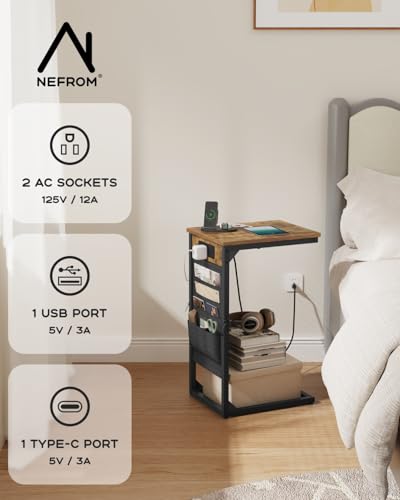 C-Shaped End Table with Fast-Charging Station, Small Couch Side Table with Storage Bag, Sofa TV Tray Table for Living Room, Bedroom, Bedside ET-BR-1 - color: Rustic Brown