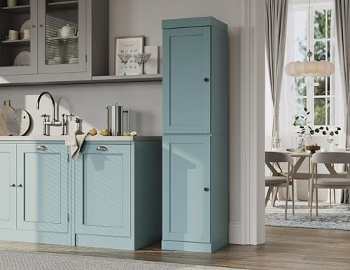 Solid Wood Kitchen Pantry - Narrow Storage Cabinet - Shaker Doors, Adjustable Shelves, Aqua, 16.5" Wide x 71.5" Tall, 100% Eco-Friendly Wood, Modular Pantry Cabinet Systems - color: Aqua, style: Shaker Doors