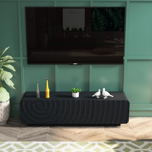 KEIKI 58" TV Stand with Storage, Spiral Wave Media Console with Drawers and Doors, Entertainment Center for Living Room or Bedroom, Fits TVs up to 65", Mid-Century Modern, Black - color: Black, size: 58"L