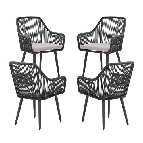 4 PCS Outdoor Dining Chairs, Rattan Patio Chairs with Armrest, Black | All-Weather Woven Rattan & Iron Frame, w/Seat Cushions,350lb Weight Capacity, for Backyard, Poolside, Balcony, Indoor Kitchen - color: Black, size: 4 Pcs-Dining Chairs