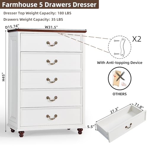 Joaxswe Farmhouse 5 Drawer Dresser for Bedroom, 45" Tall Rustic Chests of Drawers w/ 4 Solid Wood Feet, Mid Century Modern Wooden Closet Storage Dressers Organizer for Living Room, Hallway, White - color: White, size: 15.7"D x 31.5"W x 44.9"H (5 Drawers)