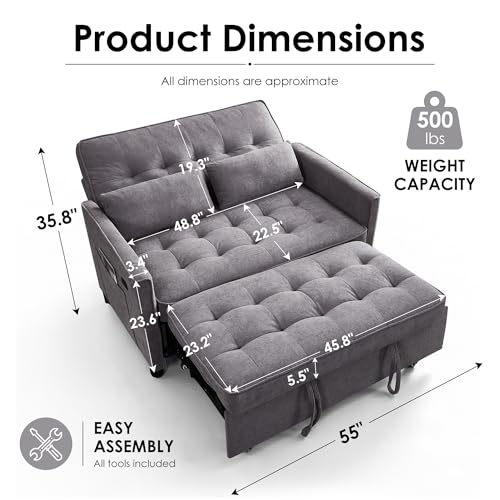 Dreamzie 55'' 3 in 1 Convertible Sofa Bed with USB Charging Ports, Pull Out Couch with Adjustable Backrest and Side Pockets, Sleeper Sofa for Living Room, Apartment, RV, Easy Assembly - Grey - color: Grey