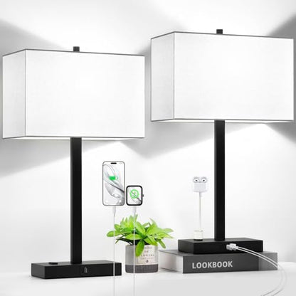 Lynnoland 21" Set of 2 Table lamp with USB A+C & AC Outlets, Touch Control 3-Way Dimmable Nightstand Lamps for Bedroom Living Room Office Reading, White Shade Touch Lamps, 5000K LED Bulbs Included - color: (2 Pack)White Line & Matte Black (Base)-Two 5000K