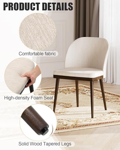 Upholstered Dining Chairs Set of 4 - Modern Dining Room Chairs, Mid-Back Restaurant Kitchen Chairs with Wooden Legs, Beige