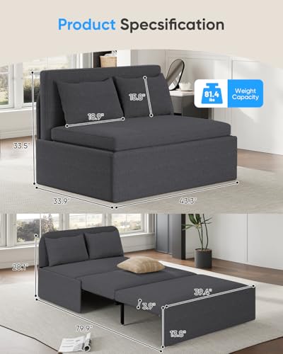 43.3" Twin Size Pull Out Sofa Bed，3-in-1 Linen Convertible Sleeper Sofa Bed,Loveseat Pullout Bed with Pillows and Tri-fold Mattress for Small Space/Bedroom,Dark Grey - color: Dark Grey, size: Twin