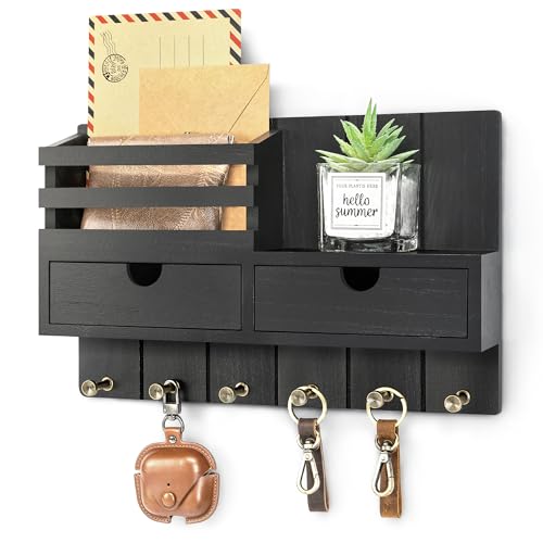 Rebee Vision Key Holder Wall Mount with 6 Key Hooks for Home Decor, Black | Modern Mail Organizer, Key Hanger, Shelf, 2 Drawer Organizer, Home Decor Aesthetic, Apartment Essentials, Decorative Storage - color: Black