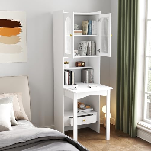 Convertible Desk Wood Folding Desk with Storage Shelves, Fold Out Writing Desk with Bookcase for Small Space Study Room, White - color: A- White